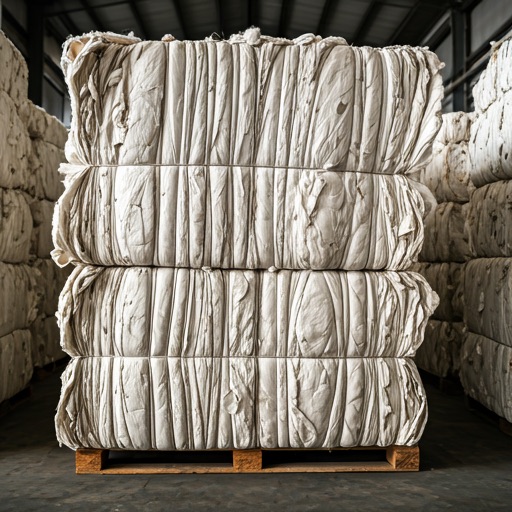 Compressed bales of recycled cotton in a warehouse